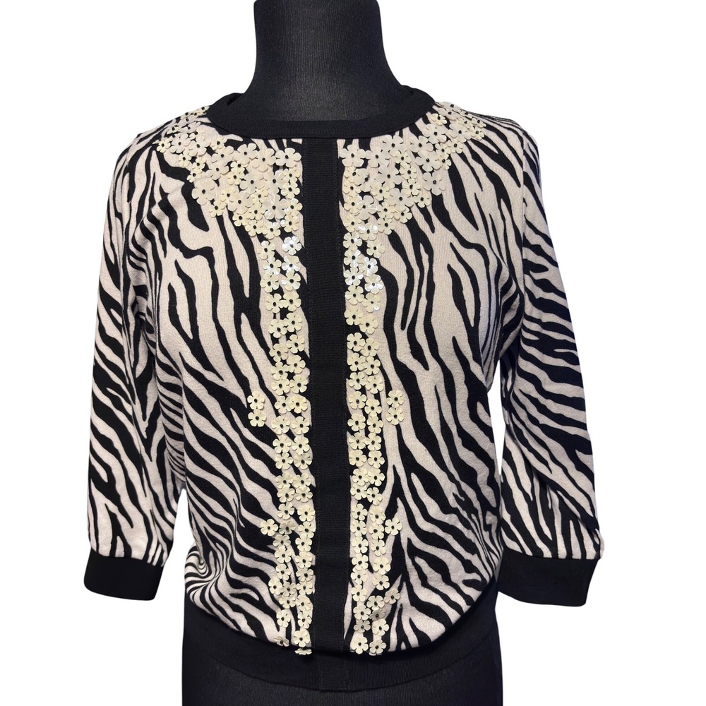 New‎ CD Petites Animal Print Sweater Embellished Sequins Black White Women's PM